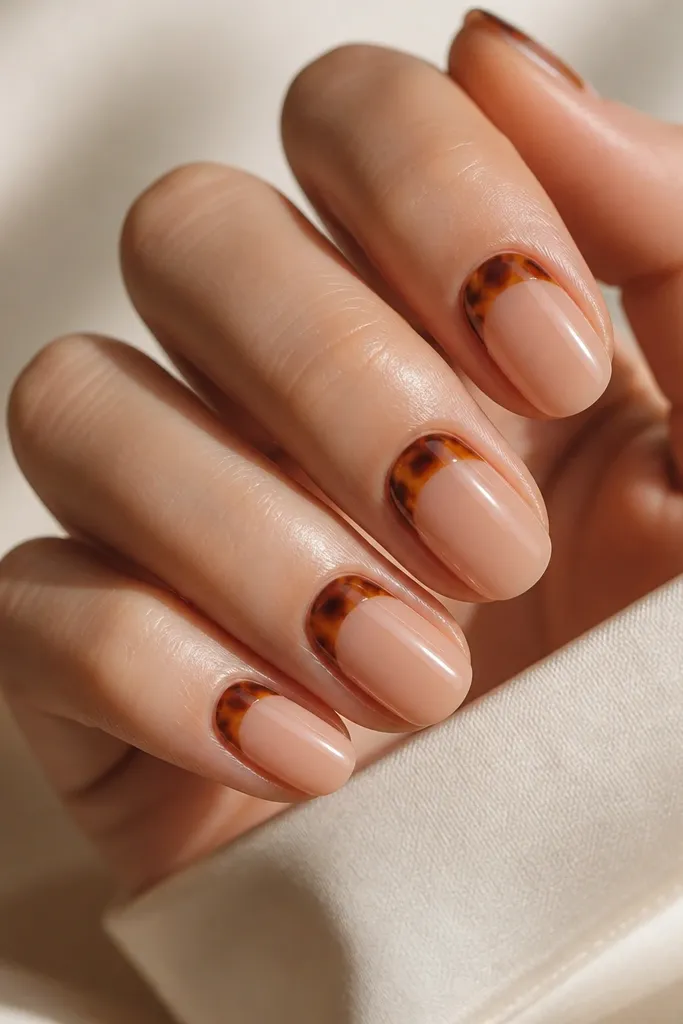 Squoval nails with a nude-peach base. The tortoise pattern forms soft half-moon arcs near the cuticle in burnt umber and caramel, with tiny lighter streaks inside. The rest of each nail stays mostly clear-nude, and the finish is glossy.