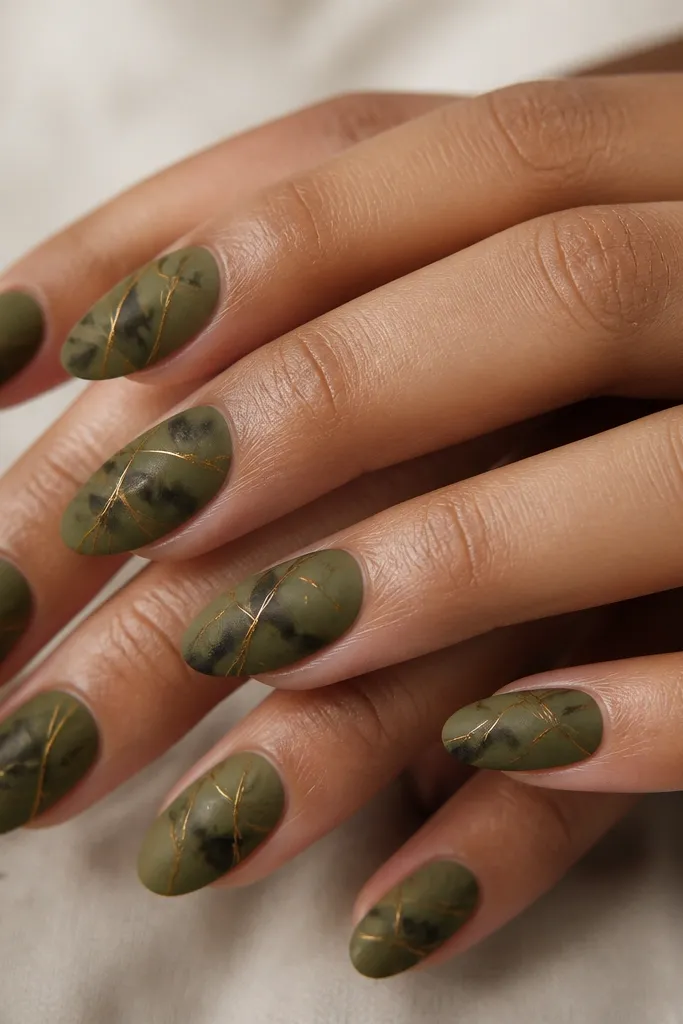 Matte olive nails with tortoise shell marbling in darker green-brown patches. Thin dusty gold lines crisscross like thread, mostly near the center. The finish is matte with a soft velvety look, not glossy.