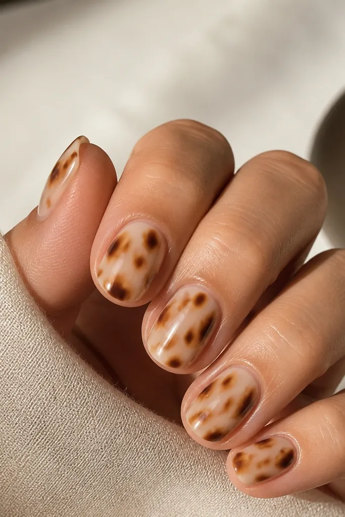 Short oval nails in a milky beige base. Tortoise shell design appears as thin irregular stripes and rounded blobs across the whole nail, with light highlights and darker caramel edges. Glossy topcoat gives a smooth shine.