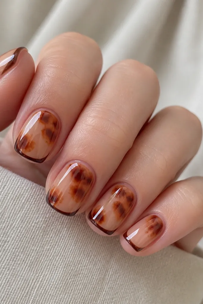 Short square nails with a nude-beige base. A micro French line in dark brown sits right at the tip edge, and tortoise shell marbling fills the upper and middle areas. The finish is glossy and clean.