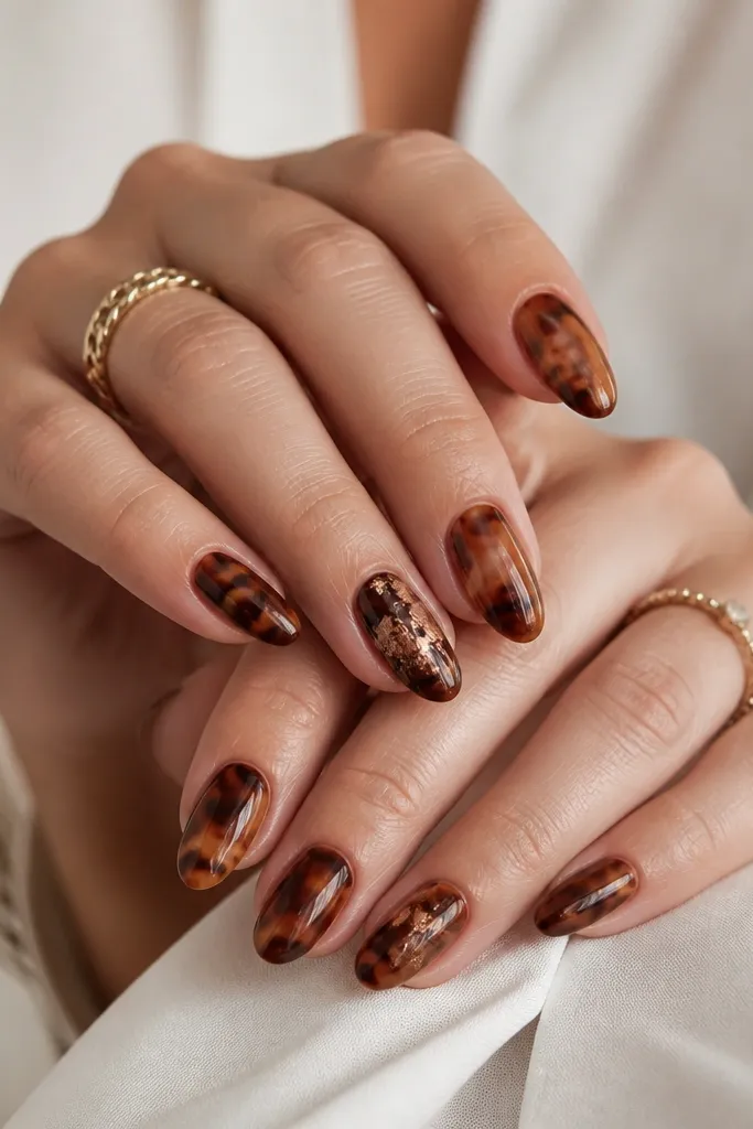 Medium almond nails in chestnut brown tortoise pattern with lighter beige highlights. On two accent nails, copper foil flakes sit in a small diagonal patch near the center. The rest of the nails are glossy and smooth.