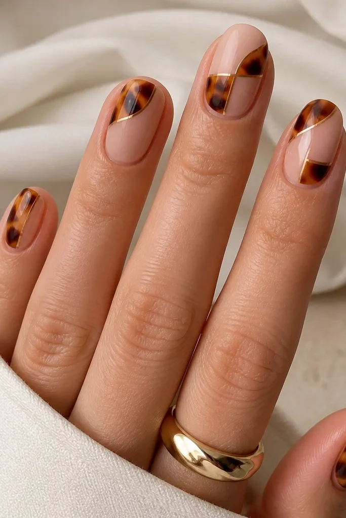Squoval nails with a warm nude base. The tortoise pattern is arranged in irregular bands, separated by thin nude gel liner lines that create a "checkpoints" effect. Dark caramel and medium brown are used, with a glossy finish.