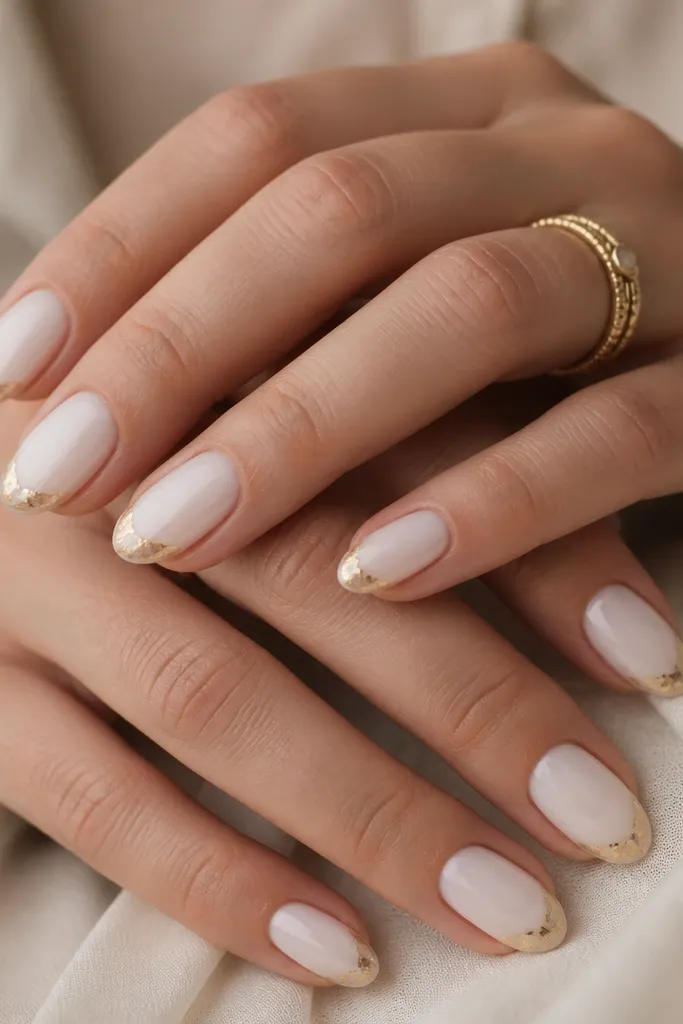 Hands wearing short almond nails. The base is opaque milky white. Each nail has a thin curved crescent of gold foil near the free edge, like a partial moon, with irregular foil flakes catching light. The cuticles stay clean and matte-white, while the tips look slightly glossy from the foil and top coat.