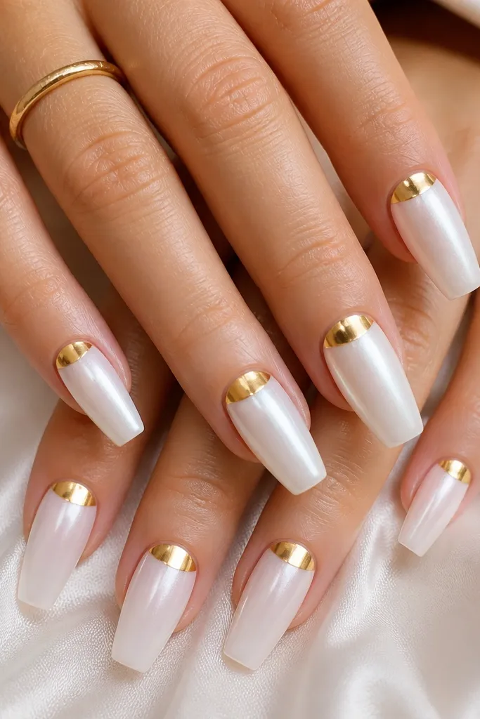 Medium coffin nails with a glossy pearl-white base. At the cuticle area on each nail there is a mirror gold half-moon, crisp and symmetrical, like a French cutout but reversed. The gold is highly reflective and smooth, and the rest of the nail stays glossy and bright.