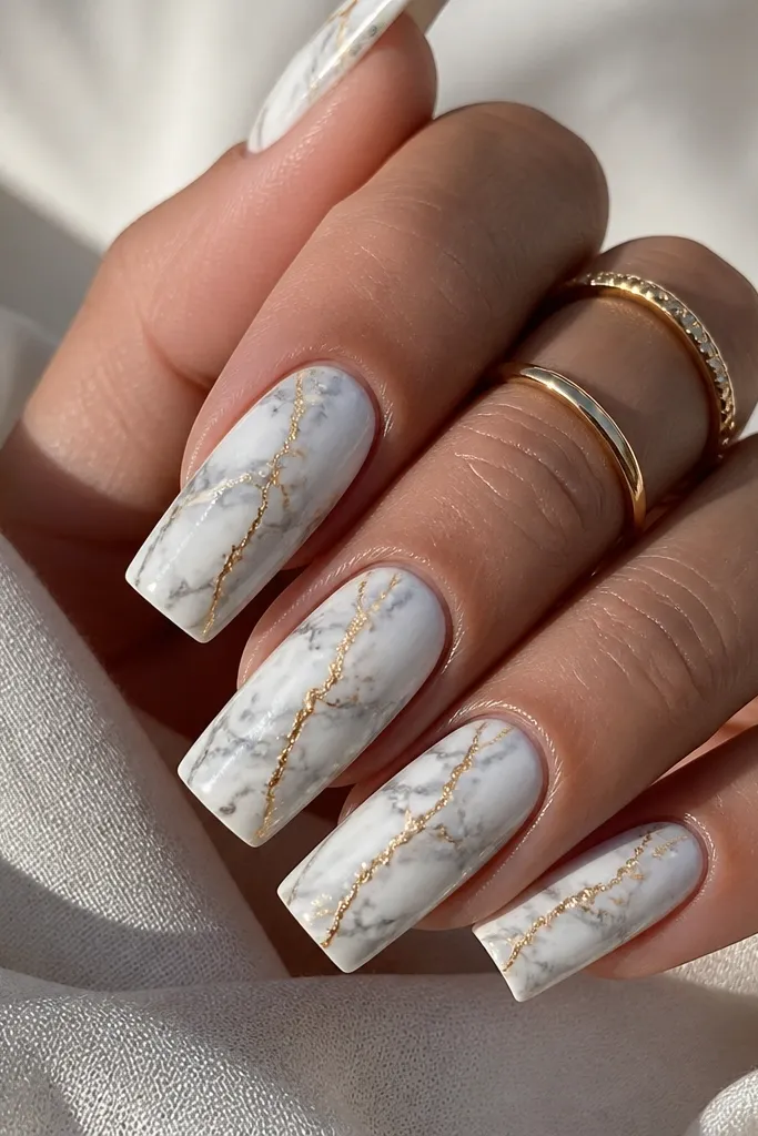 Long square nails in a creamy white marble pattern. Thin gray-white veining runs diagonally across each nail. Over the marble, there are narrow gold crackle lines that look like branching lightning, mostly centered and slightly offset. The top coat is glossy, with sharp, glassy shine.