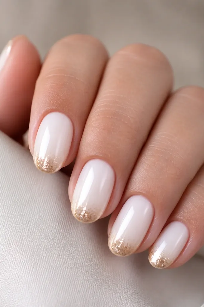Short to medium oval nails. The base is milky white and opaque. The tips fade from white into a smooth glitter gold French line, with the densest glitter at the center and lighter glitter toward the sides. The cuticle area stays clean, and the finish is glossy and reflective.