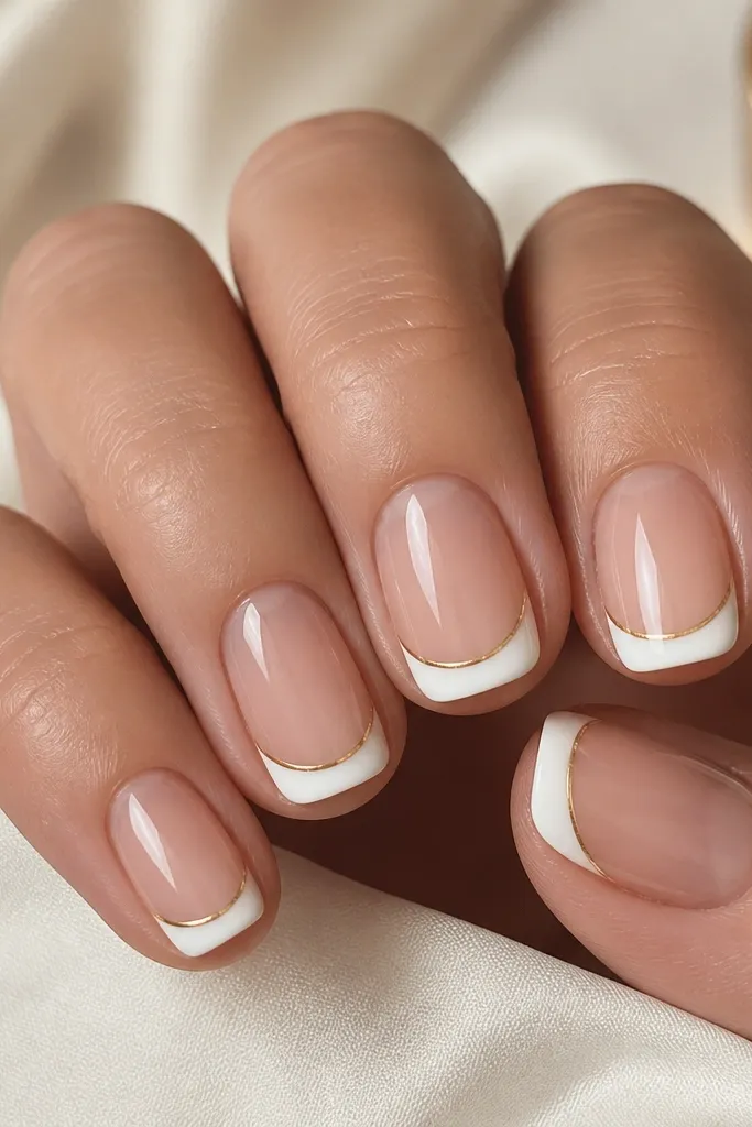 Short square nails with a crisp white French tip. The white tip is bright and opaque, forming a clean arc. A thin gold line outlines the edge of the French on both sides, like a border. The cuticle is nude-beige blended or bare, and the whole set is glossy.
