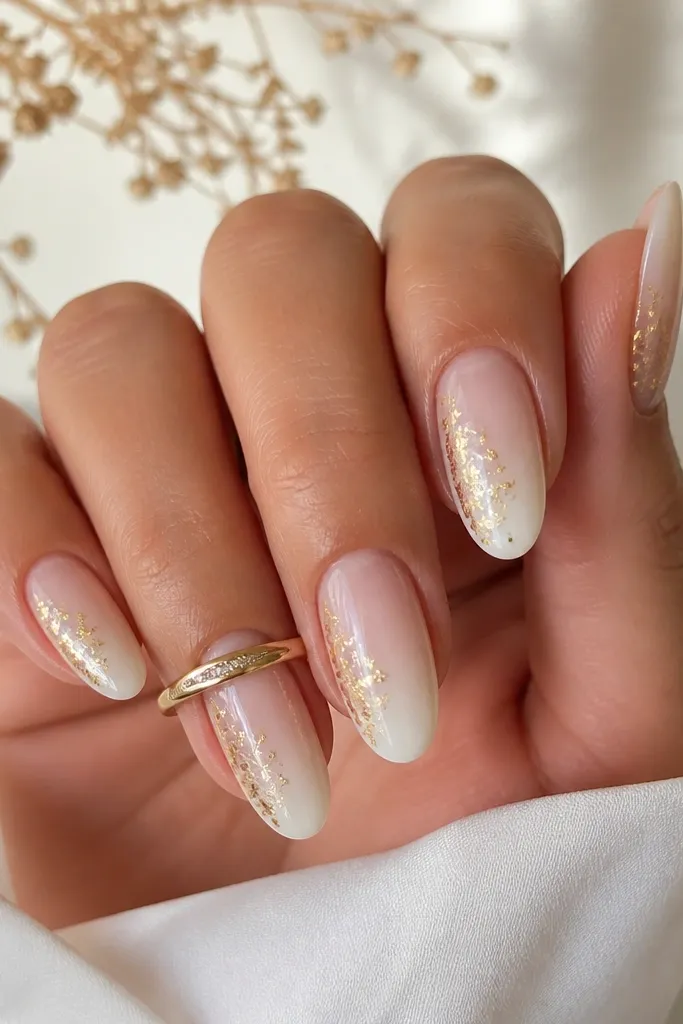 Medium almond nails with a soft white ombré that fades from semi-sheer at the cuticle to opaque white at the tip. On each nail, there are gold flake accents placed as side panels, concentrated along one side and tapering inward. The top coat is glossy, and the side flakes look layered but not bulky.