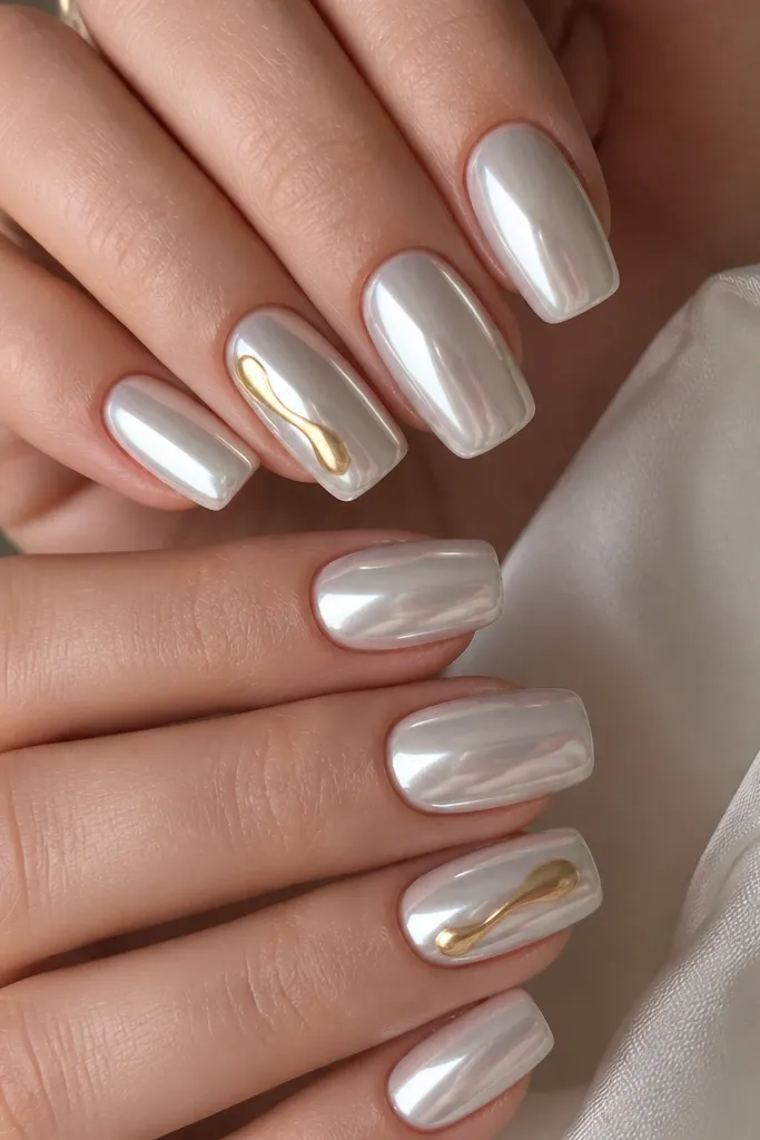 Long squoval nails with a pearly white chrome finish that looks like liquid metal under the light. Most nails have a uniform pearl sheen. One or two nails have a gold drip accent starting near the center and running toward the tip, with a smooth glossy gold trail. Everything is glossy and reflective.