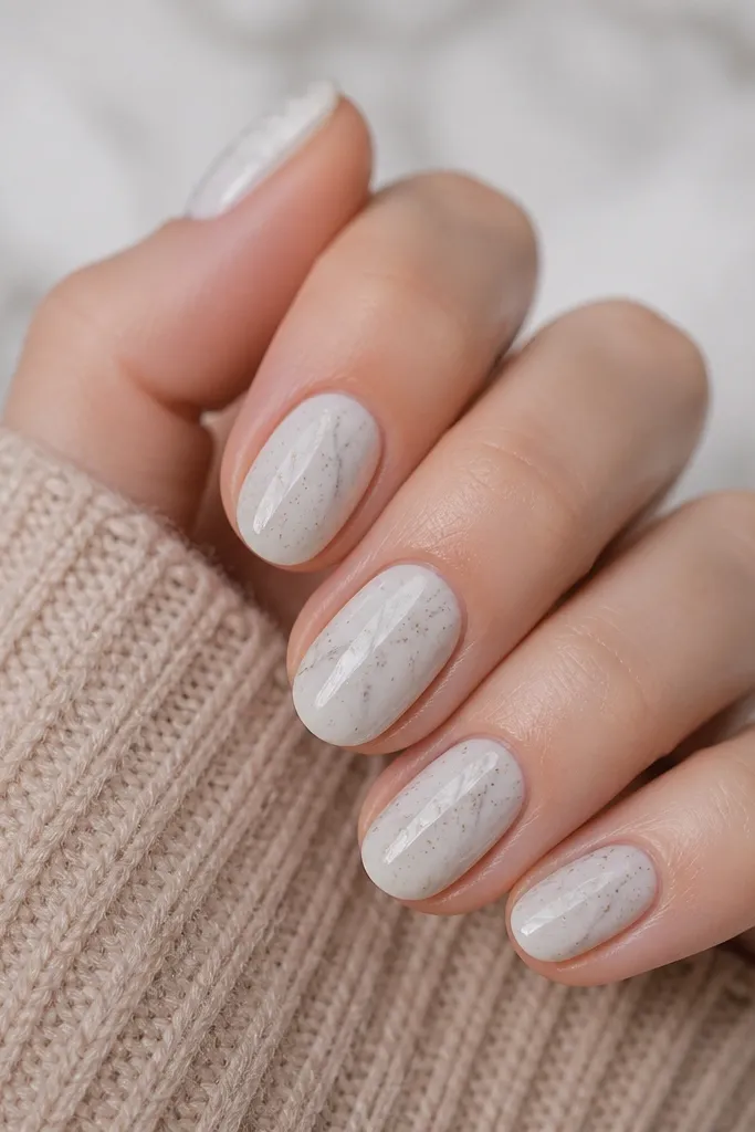 Short almond nails with a creamy white marble background, subtle gray veining. Over the marble, there are tiny gold chrome speckles scattered across the surface like dust. The speckles are fine and evenly distributed, with a glossy top coat that makes everything sparkle without looking glittery. Cuticles are clean and the shape is neat.