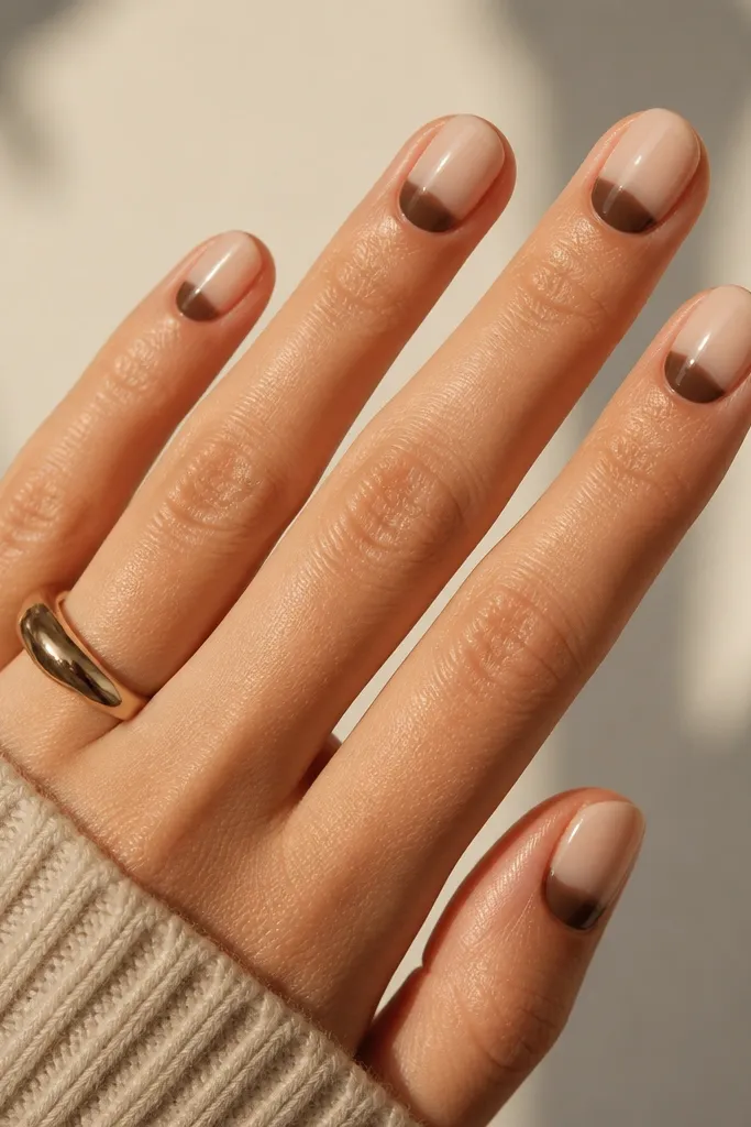 Short oval nails with a sheer nude base. Each nail has a smooth chocolate brown half-moon shape right under the cuticle, like a curved cap, with a glossy finish across the whole nail.