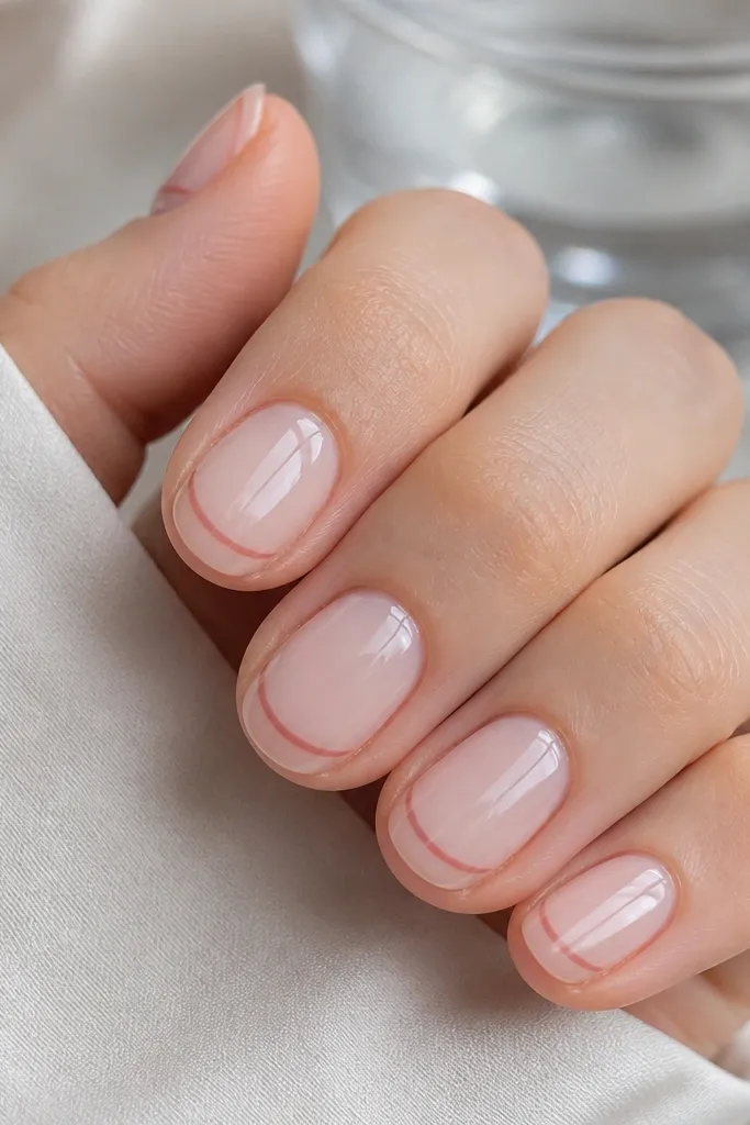 Short oval nails in a pale sheer pink. One thin dusty rose stripe sits parallel to the smile line on each nail, leaving the rest of the nail clear and glossy.