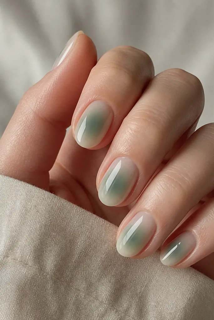Short oval nails with a translucent sea-glass green glaze. The color is sheer and glossy, with a slightly deeper green band across the middle of each nail, like a soft wash.