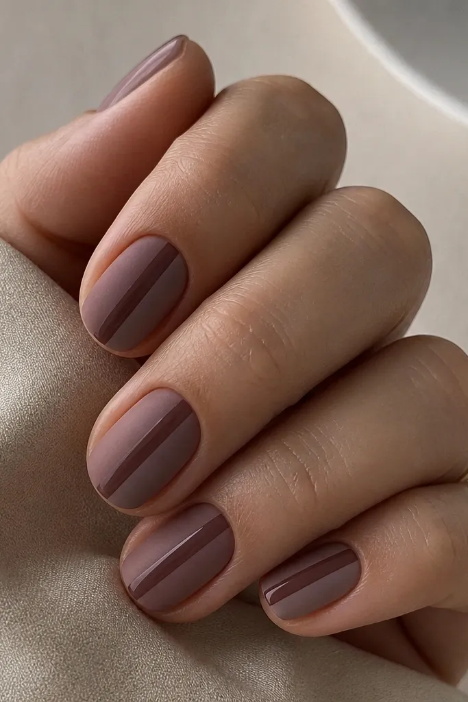 Short oval nails in a muted mauve matte finish. On each nail, a single glossy mauve-brown side strip runs vertically from near the cuticle to the tip, making a clean contrast line.