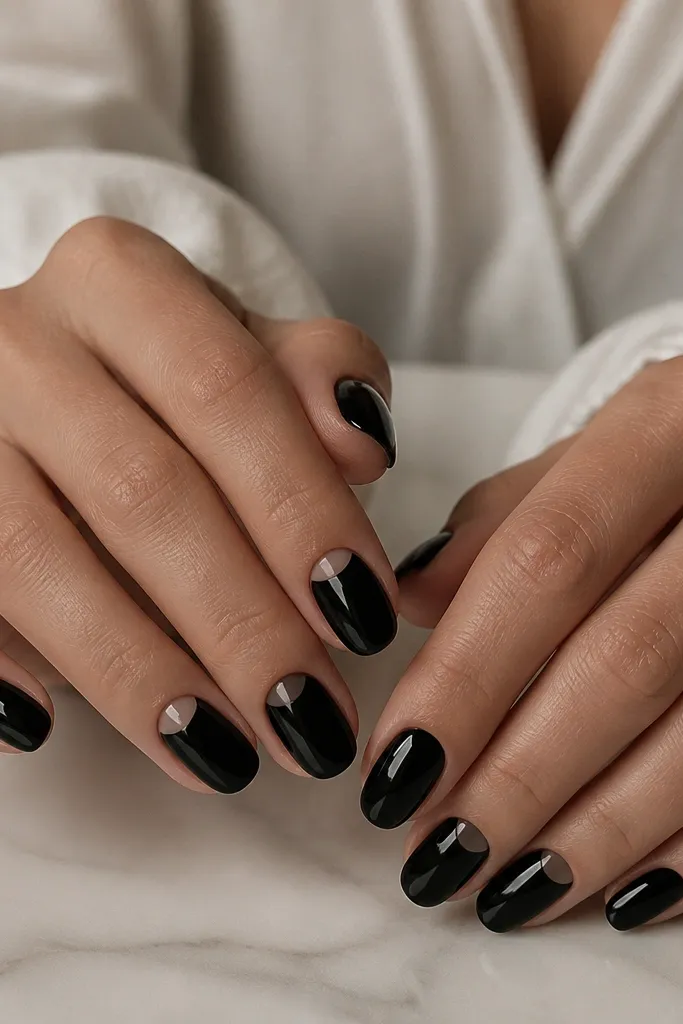 Short oval nails painted solid glossy black. On one nail per hand, there is a smooth clear negative space arc near the cuticle, shaped like a crescent window.