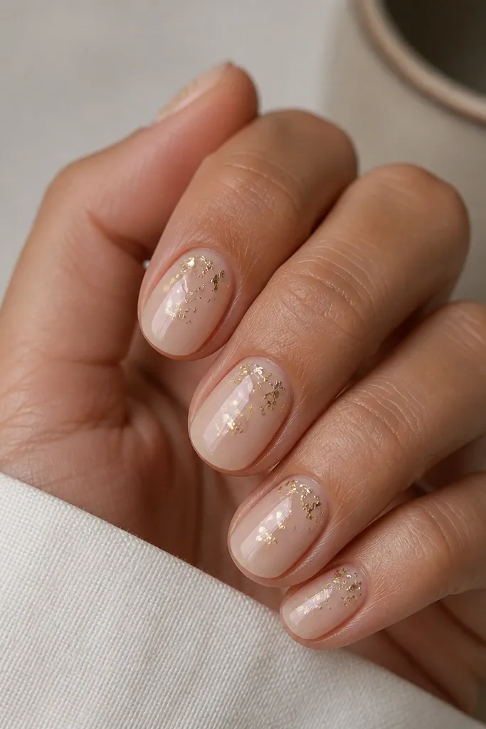 Short oval nails with a nude builder gel base. Random tiny gold foil flecks are scattered mostly in the center and near the cuticle on each nail, with a glossy top coat.
