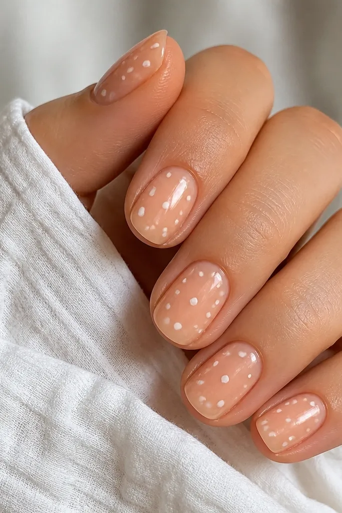 Short oval nails painted sheer peach. On each nail, there are scattered small white dots of uneven size, like tiny cloud puffs, with a glossy top coat.