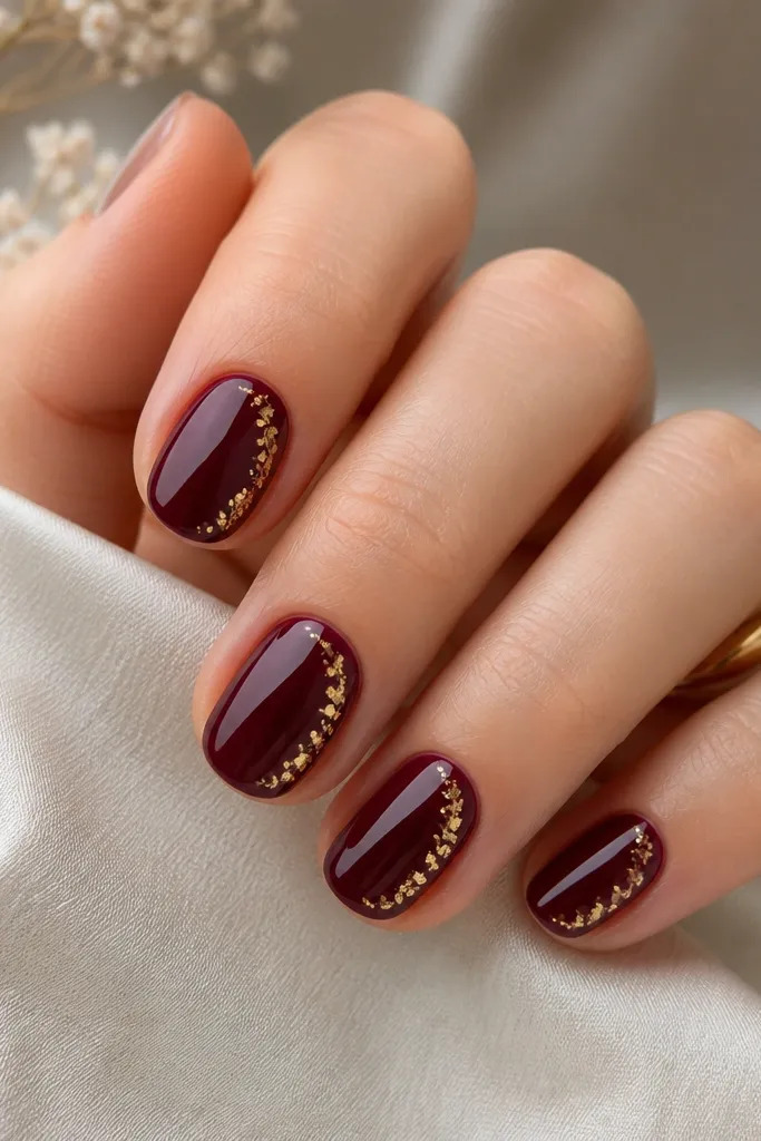 Short oval nails with a deep burgundy glossy base. On one side of each nail, there's a small half-swirl made of tiny gold foil flecks, starting near the cuticle and curving toward the tip.