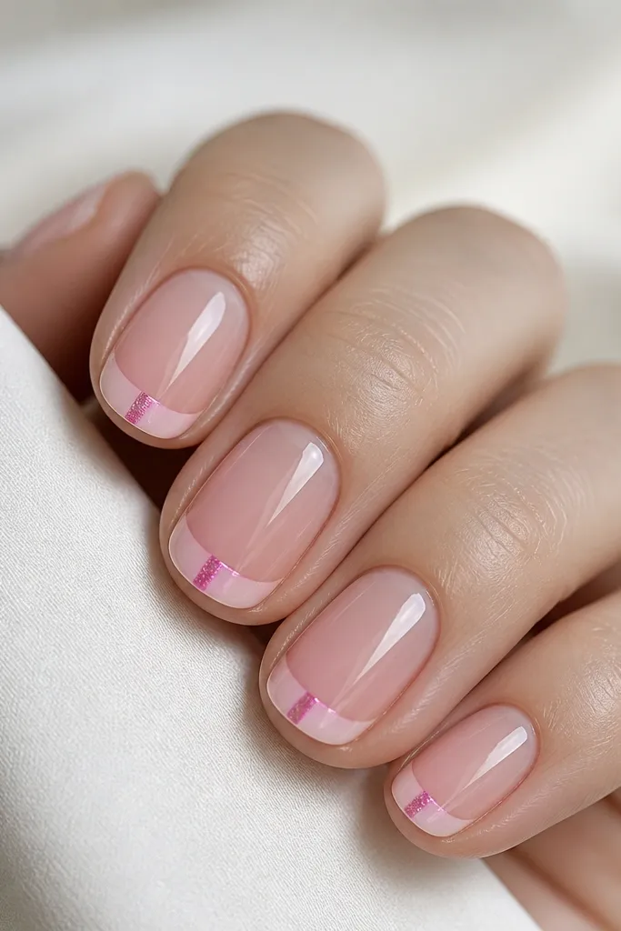 A close-up of short, rounded nails painted a sheer baby rose base. The French tip is a thin white-pink arc, and the cat eye effect appears only on the tip as a bright, straight magenta stripe down the center. The nails have a glossy top coat with clean, sharp edges and no smudges.