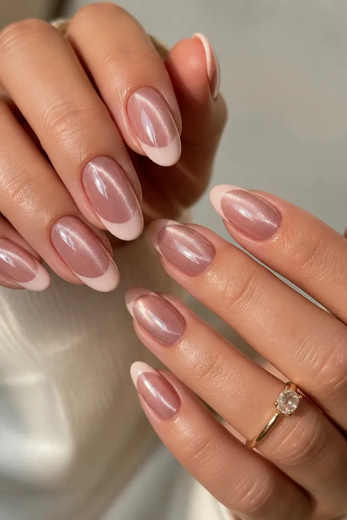 Medium-length oval nails with a rosy nude base. The French tips are a creamy nude-pink band, and the cat eye shows as a soft halo glow that spreads slightly around the center stripe. The shine is high-gloss and the tip line is evenly curved.