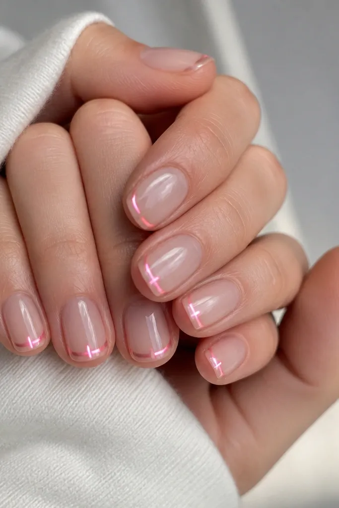 Short square nails with a glossy clear-pink base. The French tips are extremely thin hot pink lines, almost like a double stroke. A bright cat eye spine runs straight down the center of each tip with a sharp, high-contrast glow.
