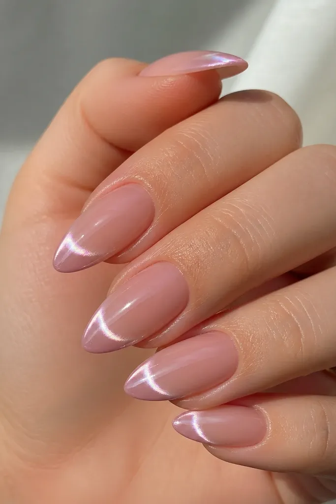 Almond nails with a sheer pink base. The French tips are coated in soft pink chrome, and the cat eye effect appears as a bright chrome stripe that catches light like a moving highlight. The top coat is mirror-gloss with crisp edges.