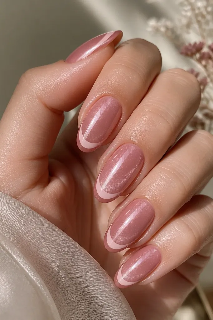 Oval nails with a dusty rose base. The French tips are two-toned: a darker dusty rose outer edge and a lighter blush center. The cat eye appears as a bright central stripe with a faint second glow along one side, creating a subtle gradient.