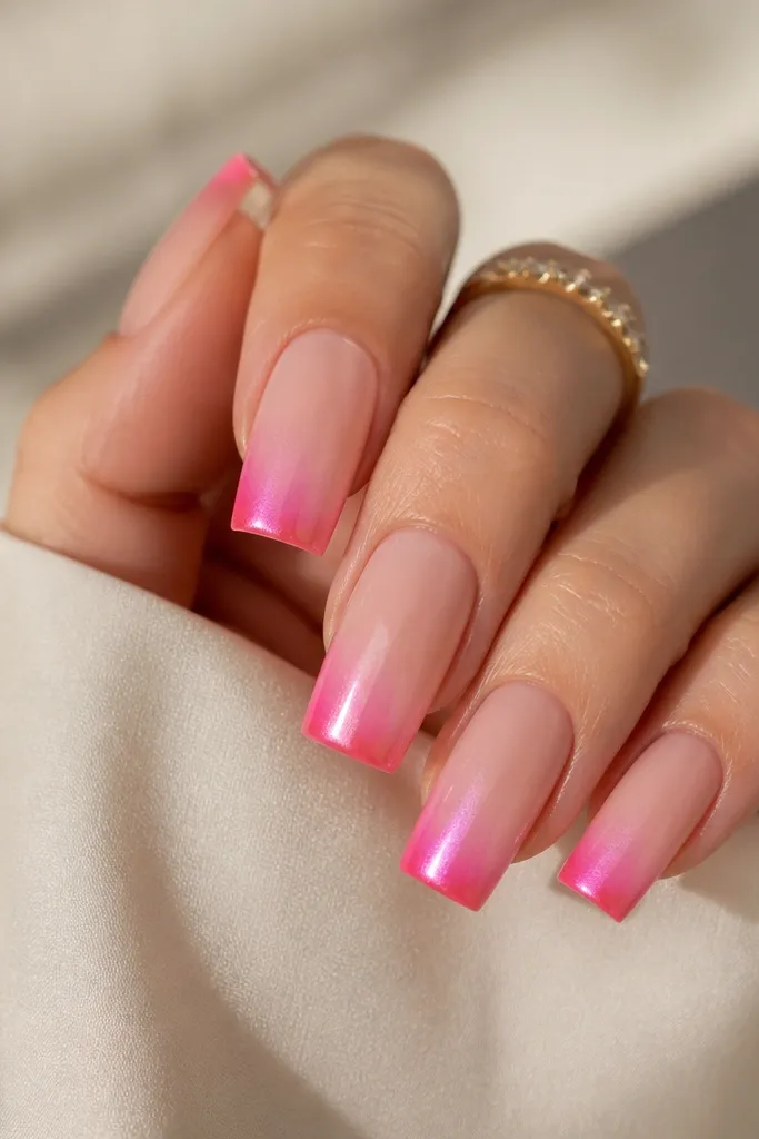 Long square nails with a sheer nude base. The French tip fades from hot pink at the edge into pale pink near the nail, like an ombre. A cat eye effect forms a soft vertical glow that fades as it moves toward the center of the nail. The edges are neat and glossy.
