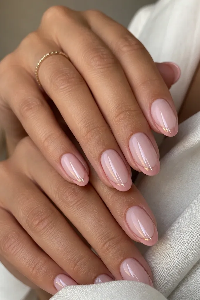 Short almond nails with a blush base. The French tips are a matte-looking blush-pink arc (actually satin finish under glossy top coat), and the cat eye is a thin, bright pinstripe exactly in the center of each French tip. No glitter or rhinestones appear; everything is clean and minimal.