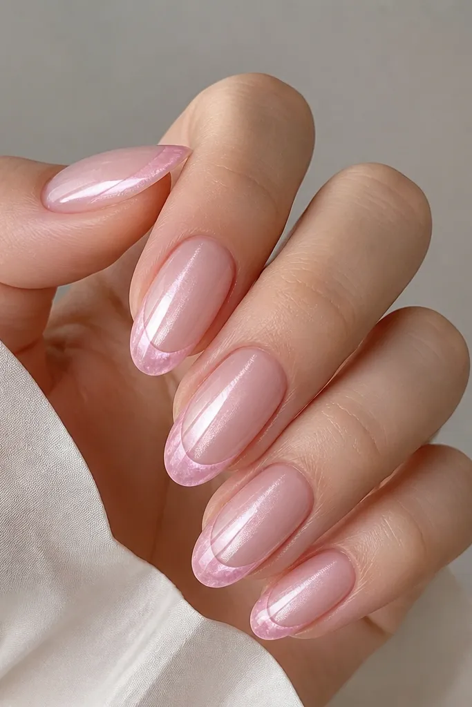 Medium-length oval nails with a sheer pink base. The French tips have a rose quartz look: a soft cloudy pink border around the edge, with a clean interior area. The cat eye stripe sits inside the arc, centered, with a smooth glassy finish.