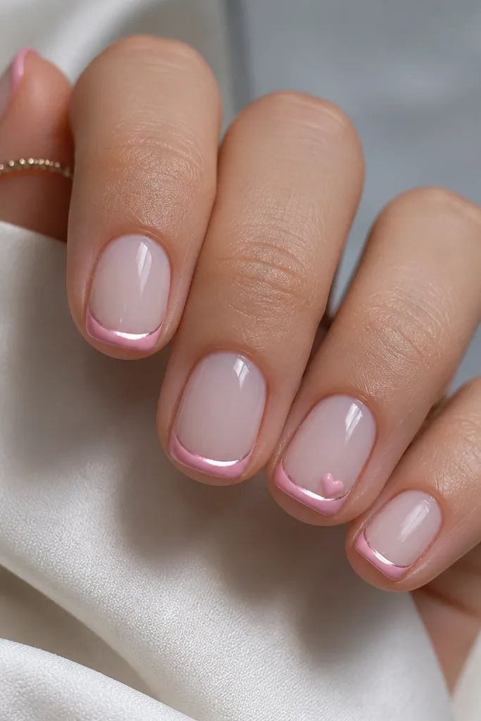 Short rounded nails with a sheer nude-pink base. French tips are a smooth pink arc with a bright cat eye stripe down the center. One nail has a tiny raised-looking heart near the outer corner of the French tip, in a matching pink shade. Everything is glossy and neat.