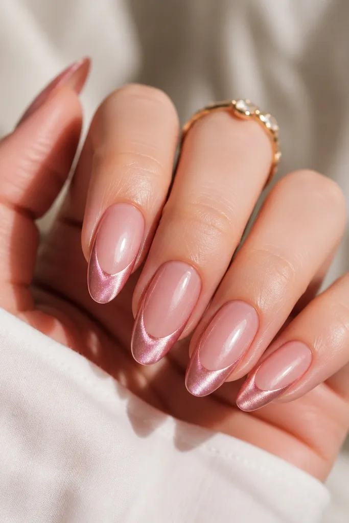 Pink Cat Eye French Tip Nail Designs for a Feminine Look