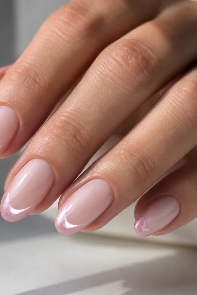 Short almond nails with a milky sheer pink base. The French tips are a rose quartz cat eye gel with a bright centered magnetic streak, glossy finish, no gems.