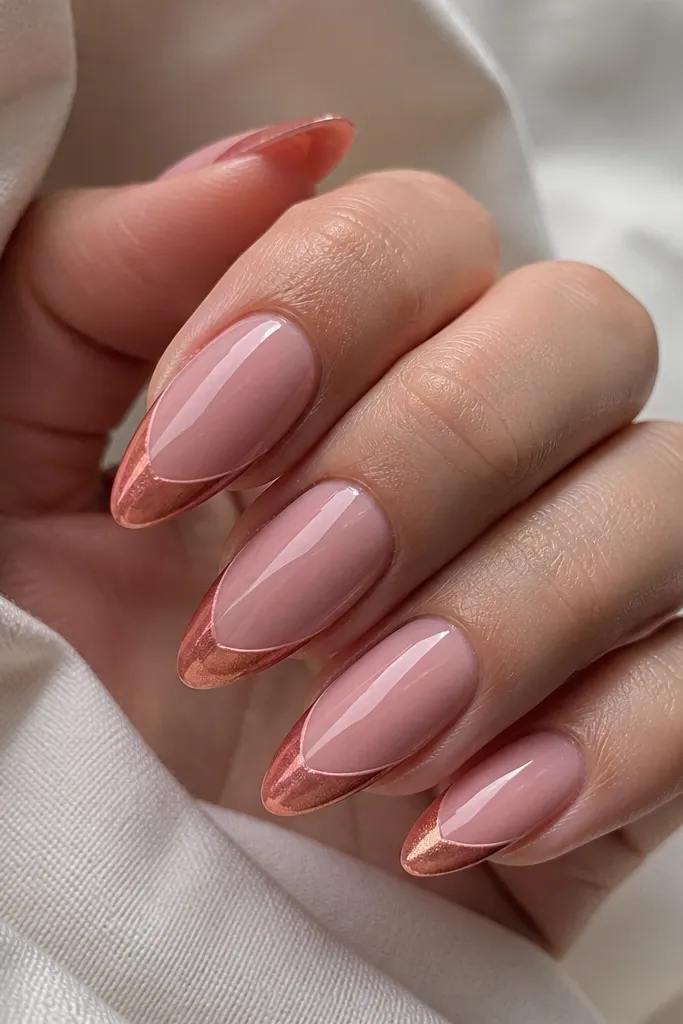 Medium almond nails with a blush-pink base. French tips are dusty coral cat eye with a warm magnetic line running down the center, glossy top coat.