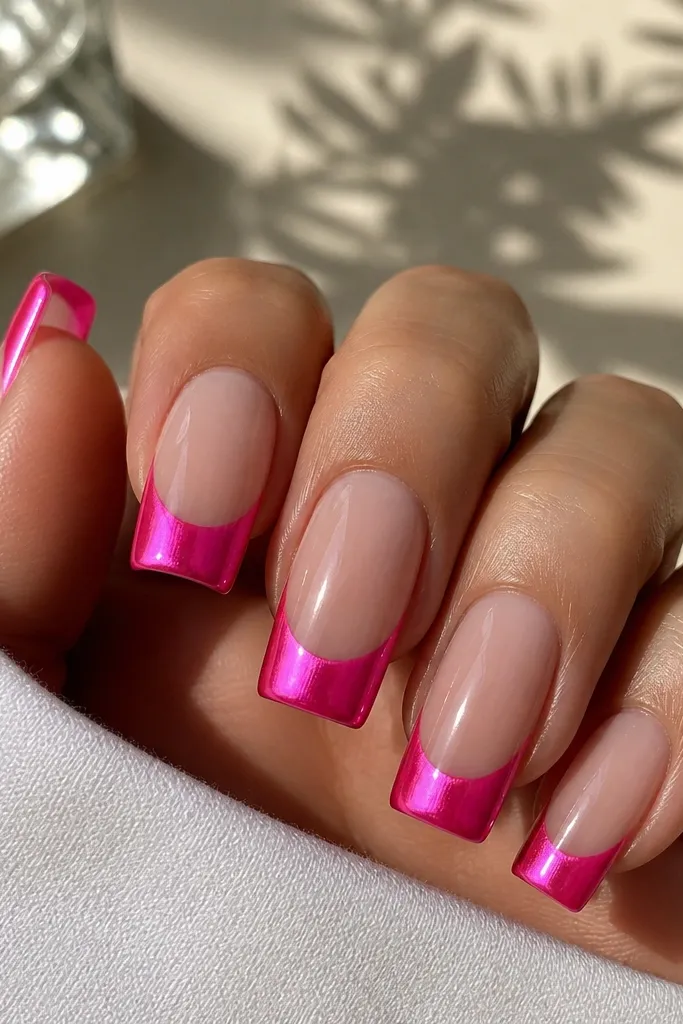 Long square nails with a semi-sheer nude base. Hot pink cat eye French tips have a bright central streak and high gloss, no extra embellishments.
