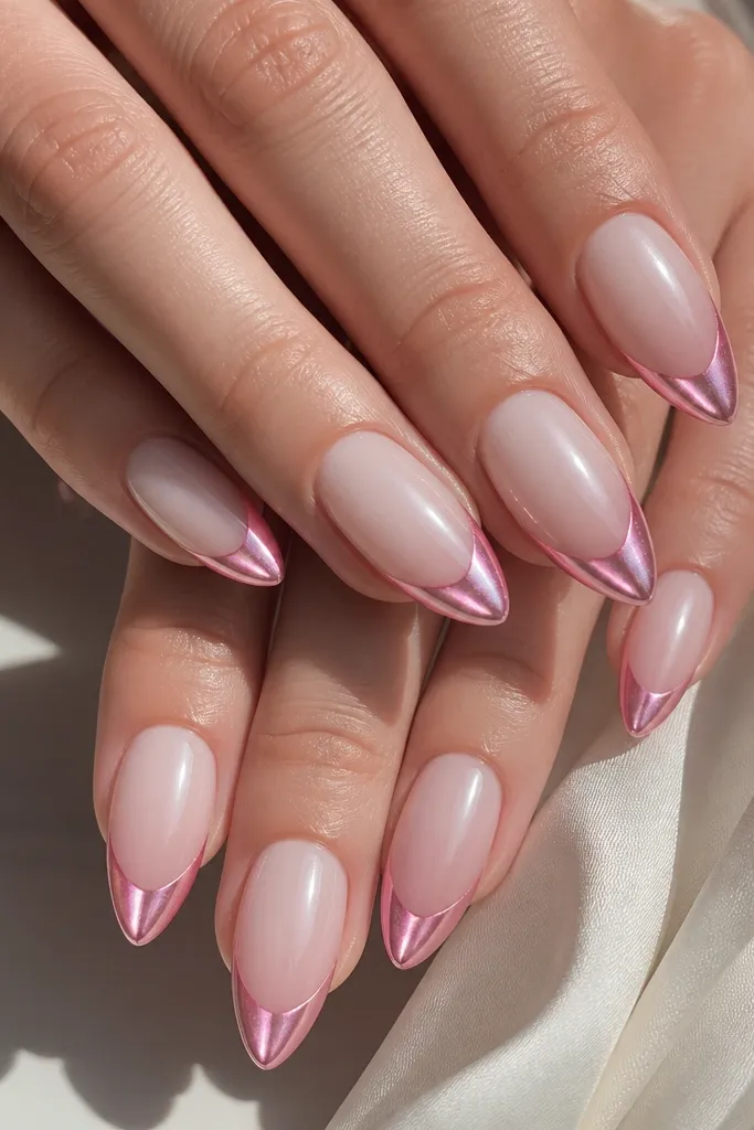 Almond nails with a milky white-pink base. French tips are pink cat eye under a pink chrome dust effect, with a centered streak and mirror-like shine.