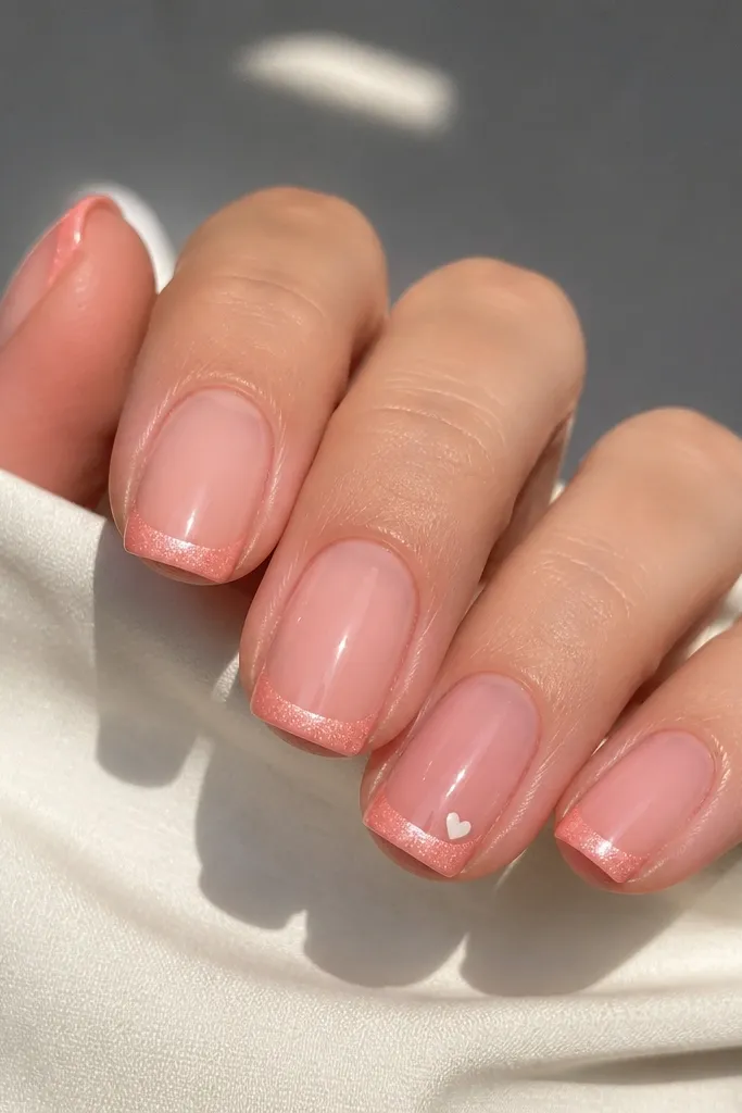 Short squoval nails with a soft peach-pink base. Cat eye French tips are peachy pink with a centered streak. One ring finger has a tiny white heart on the tip edge.