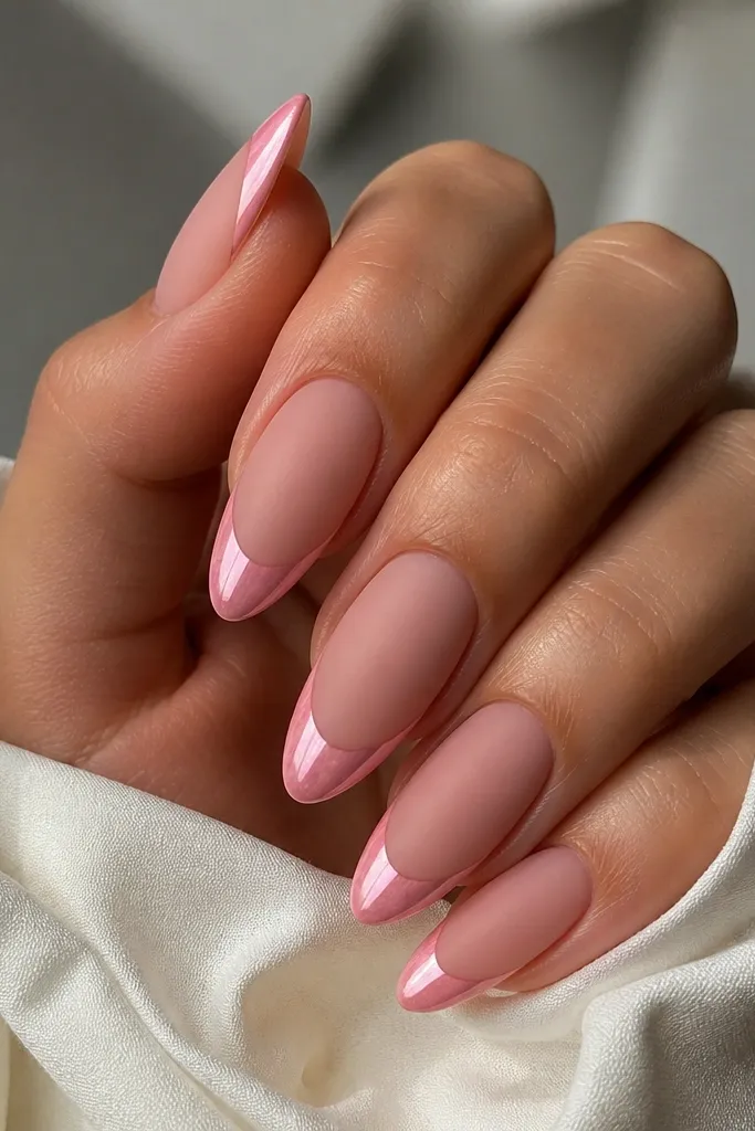 Almond nails with a matte nude-pink base. French tips are glossy pink cat eye with a crisp centered streak, giving a two-texture look.