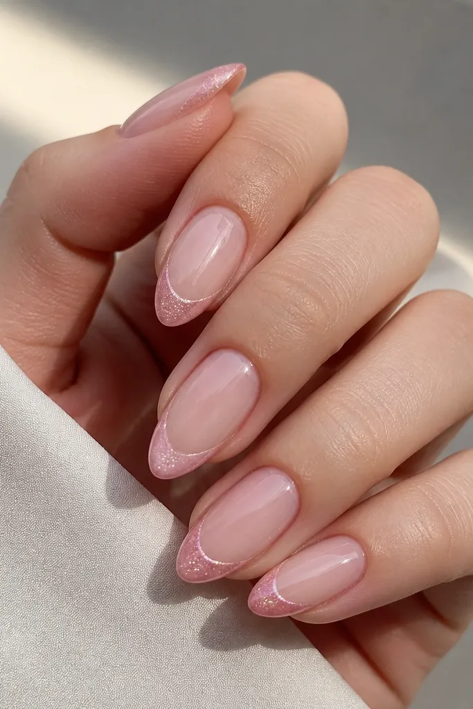 Medium almond nails with a sheer pink base. French tips are pink cat eye with a faint micro glitter veil, centered streak visible, glossy finish.