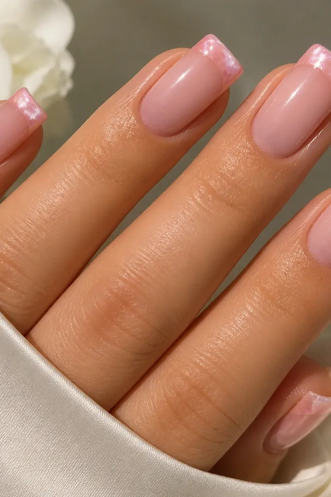 Square nails with a sheer pink base. French tips show pink cat eye streaks with a pearly, soft sheen from a pearlized top coat, not mirror chrome.