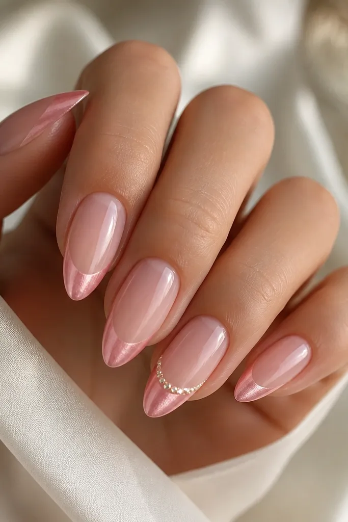 Almond nails with a milky pink base. French tips are pink cat eye with a centered streak. On the ring finger, a single thin line of small clear gems sits along the top edge of the French tip.
