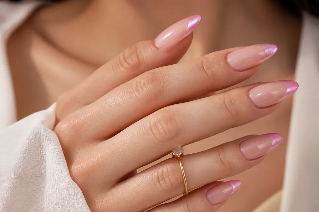 Pink Cat Eye French Tip Nails for a Soft Glamorous Look
