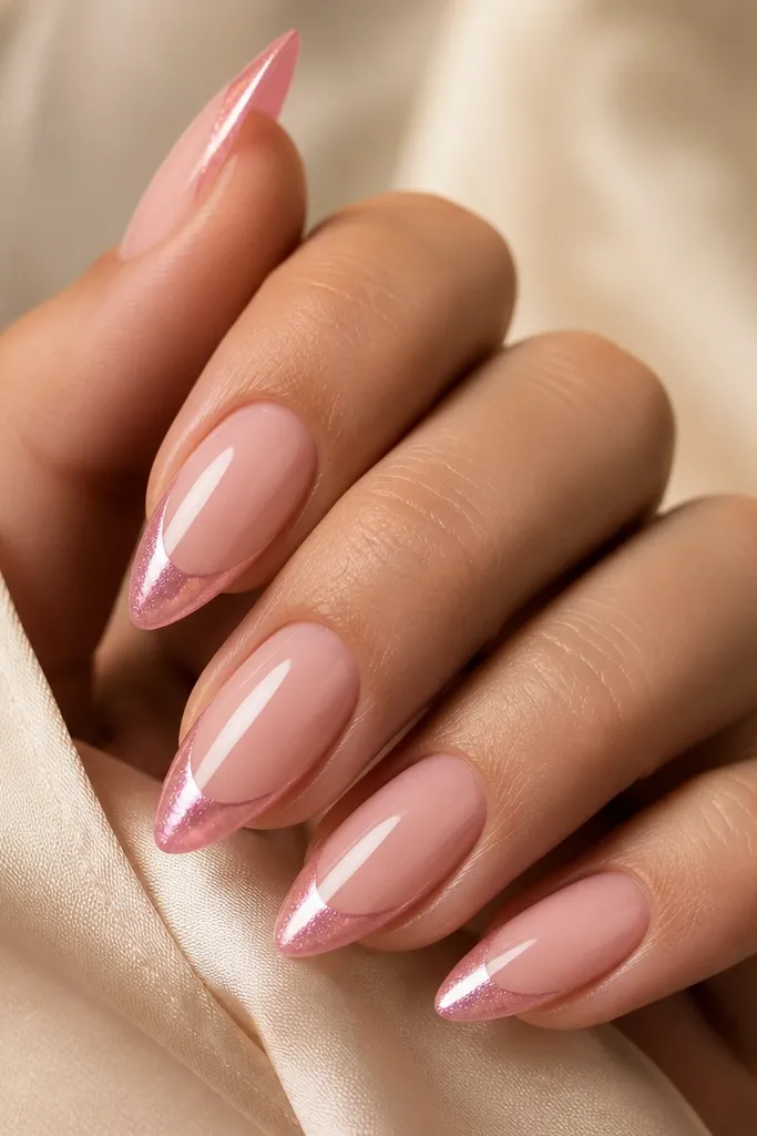 Pink Cat Eye French Tip Nails for a Soft Glamorous Look