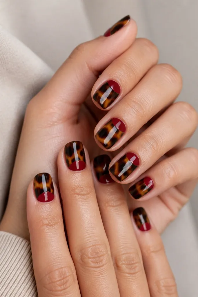 Short squoval nails with caramel-and-dark-brown tortoise shell filling most of each nail. A bright wine-red half-moon sits at the cuticle, separated by a clean line, and the nails are glossy.