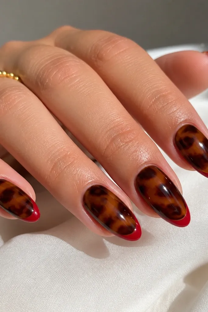 Medium almond nails with a full tortoise shell base in caramel and dark brown. The free edge is painted in a sharp red French tip, forming a crisp smile line, with a high-gloss shine.