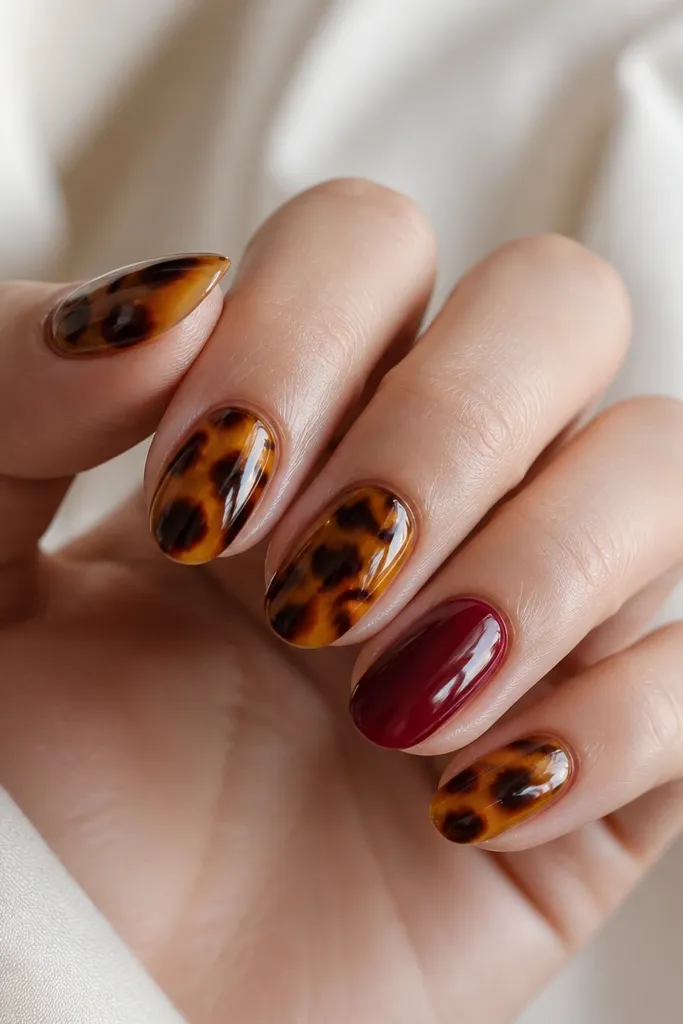 Five nails: four are tortoise shell in warm caramel and dark brown, while one accent nail is solid oxblood red. The shell nails have a glossy finish and the accent nail is mirror-smooth.