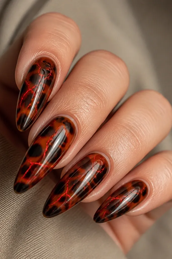 Long almond nails with a tortoise shell base. Over the shell, thin red crackle lines run vertically and diagonally like broken glass, all under a glossy top coat.