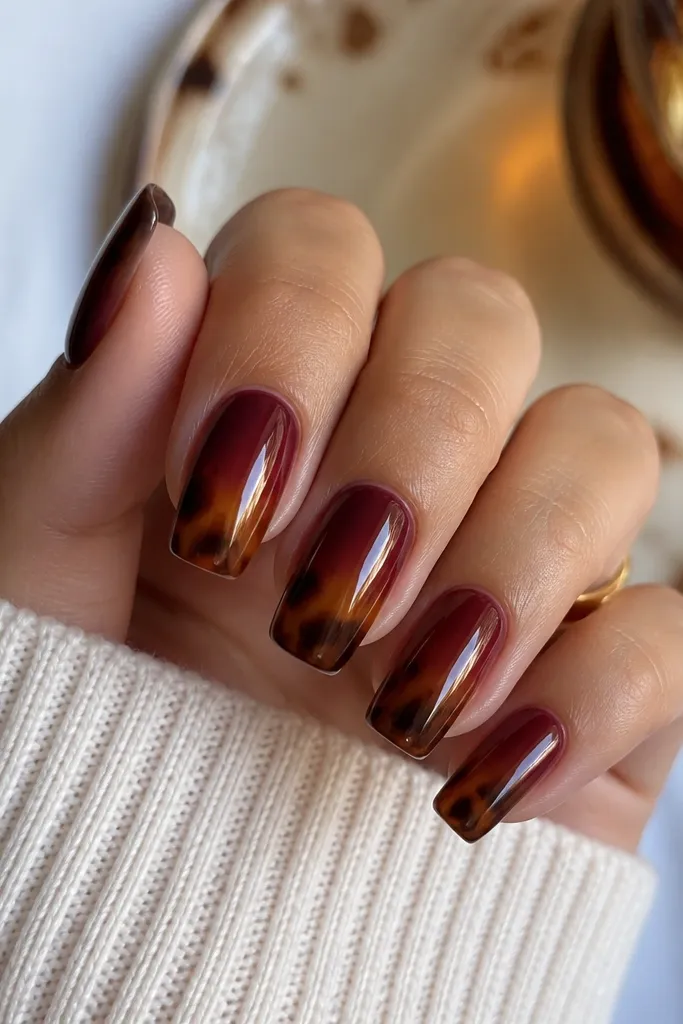 Medium squoval nails with an ombre that fades from wine-red near the cuticle into caramel and dark tortoise tones toward the free edge. The shell effect looks blended and glossy.