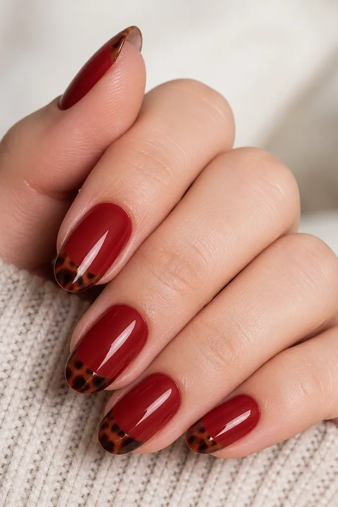 Short almond nails with a solid red base. Only the tips have tortoise shell, forming a curved cap across the free edge, with glossy shine.