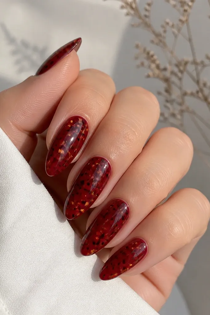 Almond nails with a deep red glossy base. Small tortoise micro-confetti flecks in amber and dark brown are scattered near the center and slightly toward the tip, giving a speckled effect.